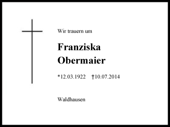 Traueranzeige von Franziska Obermaier von Region Chiemgau